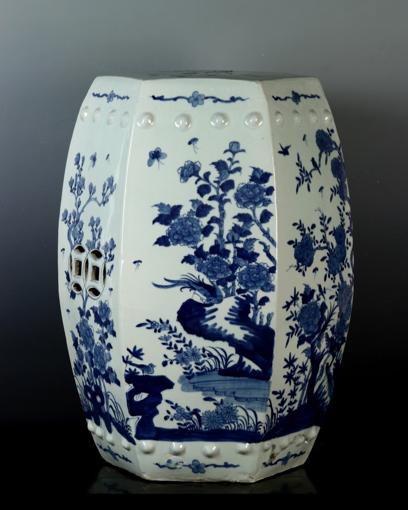 Chinese Blue and White Garden Seat: China, 19th C., Blue and White Garden Seat, hexagonal body with flat top and base, raised bumps through top and base with painted landscape scenes n blue tones against white ground. Height 18 3/4 in ,