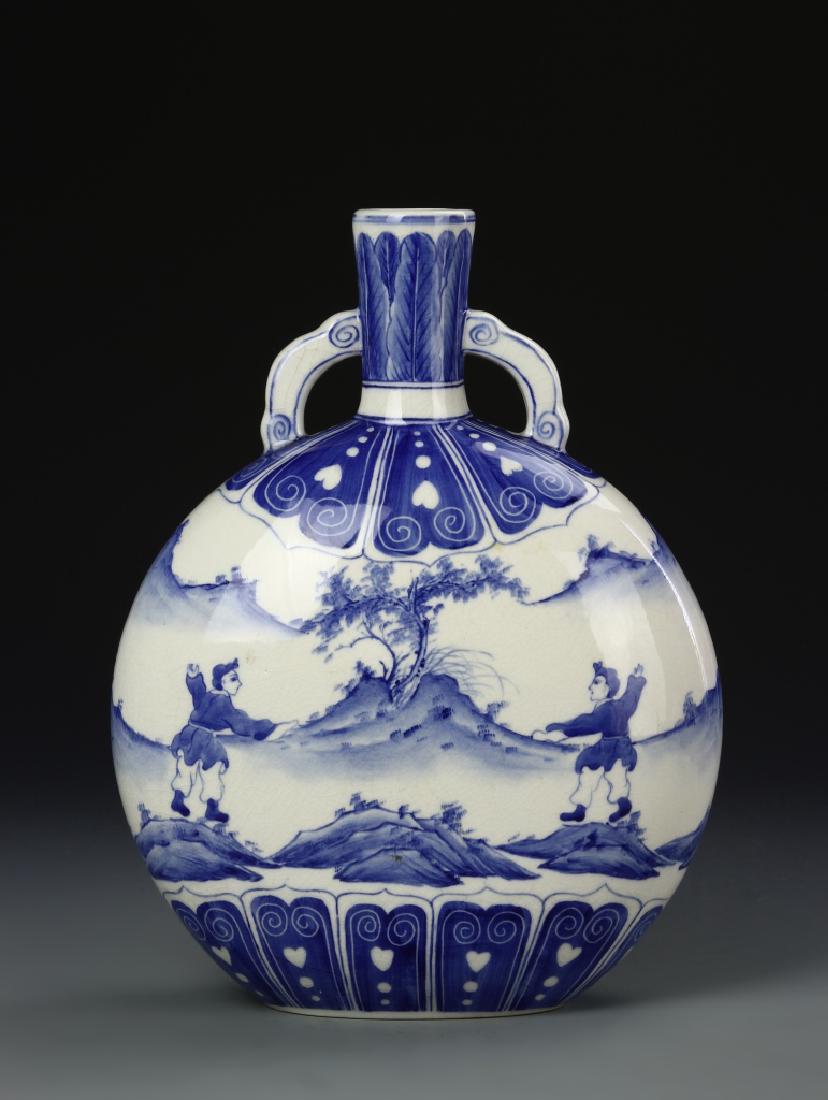 Chinese Blue and White Moon Flask Vase: China, Republic of China, blue and white moon flask vase, small mouth, decorative ears connecting mouth to neck, round ovoid body on high footed base, blue painted sea landscapes and mark on base. Hei