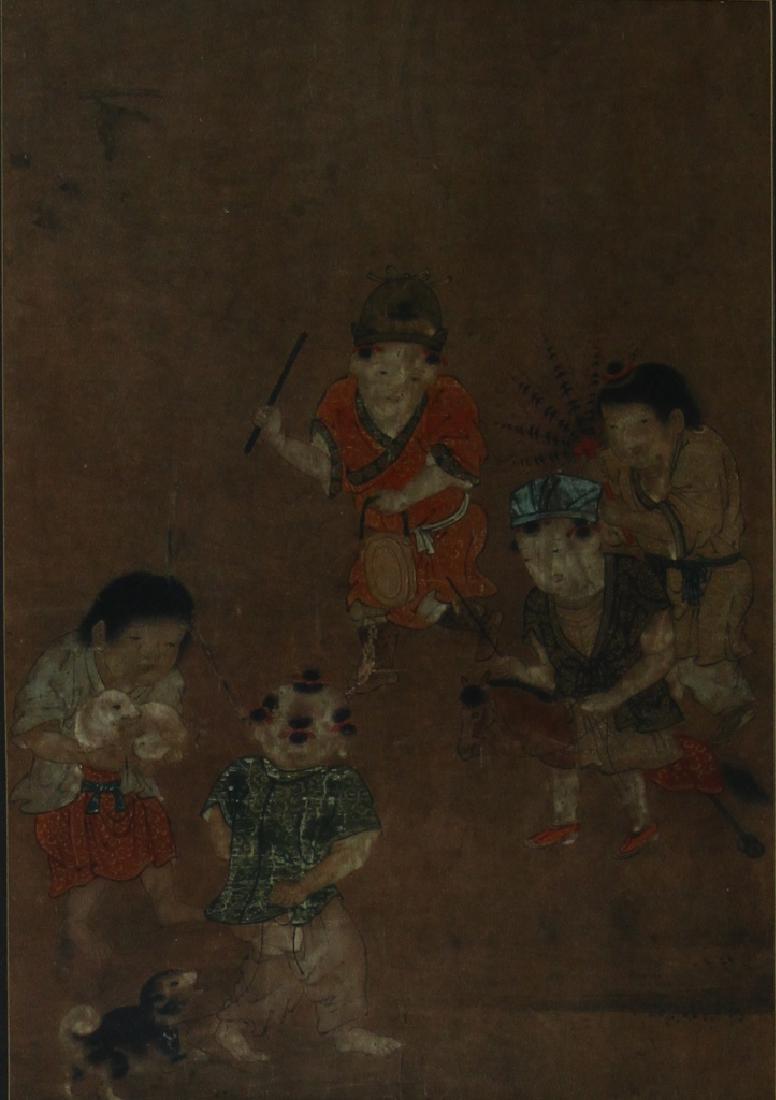 Japanese Painting of Kids at Play: Japan, antique, painting, colored inks on paper, lively scene depicting five children at play with a dog and one holding a small duck. Width 12 in., Length 17 1/4 in.