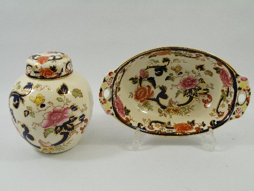 Mason's Ironstone Blue Mandalay ginger jar and cov: Mason's Ironstone Blue Mandalay ginger jar and cover 18cm (with scribe mark to base) and oval dish with handpainted raised fruit to handle