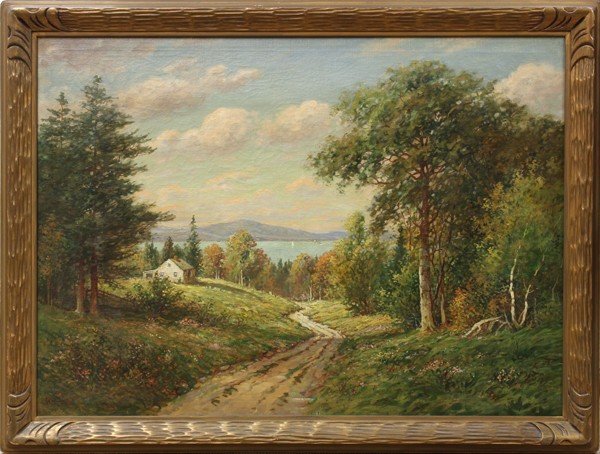 AUTUMN IN THE BERKSHIRES OIL ON CANVAS BY WILLIAM: Framed oil on canvas, Autumn in the Berkshires, by William Frederick Paskell (American 1866 to 1951), signed ''Wm Paskell'' lower left, canvas: 32.25''h x 44.25''w, overall: 38''h x 49.25''w
