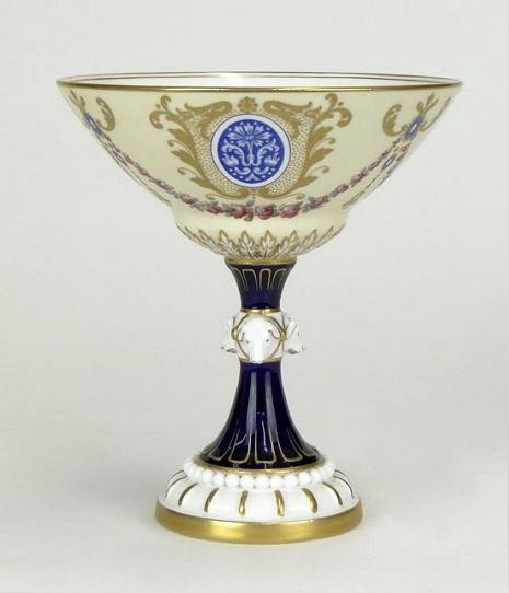 FINE 19TH C. ROYAL WORCESTER ENGLAND PORCELAIN SMA: Fine 19th Century Royal Worcester England Porcelain Small Compote. Hand Painted with Floral Swags and Gilt Decoration. Signed Green Under Glaze Royal Worcester Logo and RD#. Good to Very Good Conditio