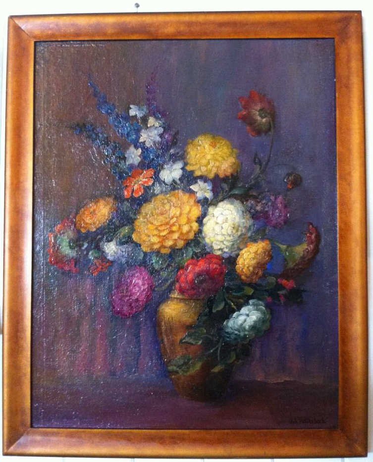 Oil on board, "Flowers", signed "J.J. Hollenbeck": Oil on board, "Flowers", signed "J.J. Hollenbeck". Very well done painting. LISTED ARTIST. 25.5" x 31.5"