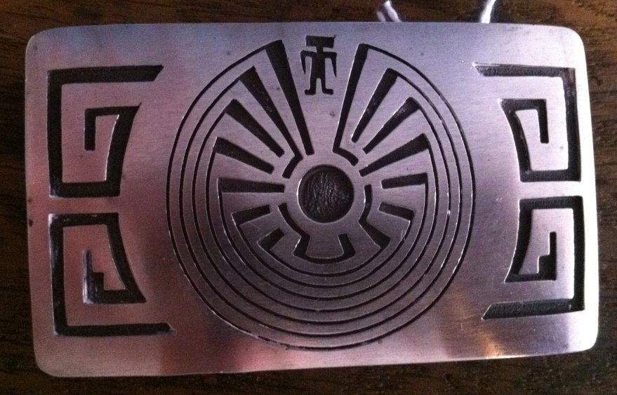 Navajo Sterling Buckle, Signed Lindsay Charlton: "Man in a maze" 1.5 Troy oz. total weight.
