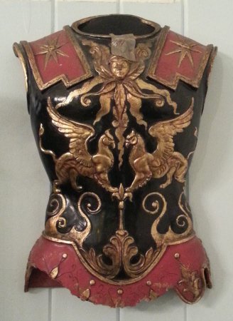 Breast Plate: Hand Carved, Hand Painted, Breastplate. Composition Unknown. Mounted on Wood. From the estate of John Morella Papa, California Street, San Francisco.