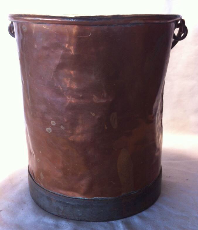 11" High Copper Bucket, Wrought Iron Bottom: 11" High Copper Bucket, Wrought Iron Bottom and handle, Dovetailed, Signed.