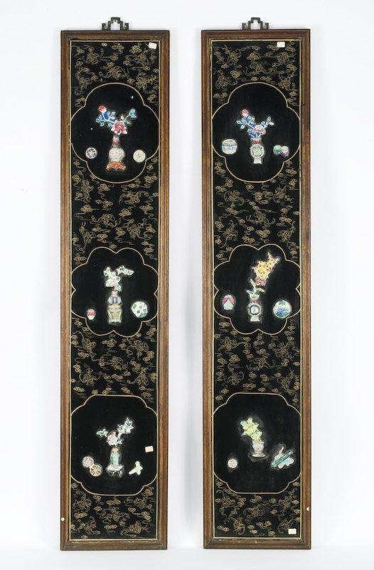 Chinese Porcelain Inlaid Screens Depicting Bo: Chinese Porcelain Inlaid Screens Depicting Bo "It was made of huanghuali for the 2 frames Ming dynasty style screens, black backgrand with Jun yao porcela inlaid. Bronze made of handle H:52" x W:12"
