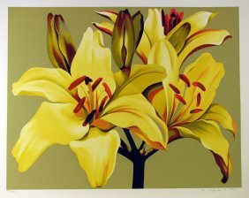 Lowell Nesbitt, "Three Yellow Lillies": Artist: Lowell Nesbitt Title: Three Yellow Lillies Year: 1980 Medium: Lithograph Edition: Edition Of 200 Signed: Hand signed in pencil lower right Dimensions: 35.5h x 42.5w in