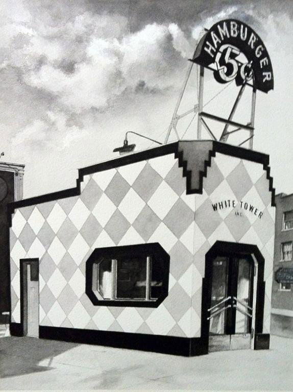 John Baeder, "White Tower Hamburger": Artist Name: John Baeder Title: White Tower Hamburger Year: 1975 Medium: Watercolor On Paper Dimensions: 15.75h x 11.25w in
