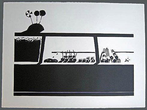 Wayne Thiebaud, "Candy Counter-State 1": Artist Name: Wayne Thiebaud Title: Candy Counter-State 1 Year: 1970-2008 Edition: Edition of 50 Medium: Linocut Dimensions: 22.25h x 30.25w in Signed: signed and dated in pencil