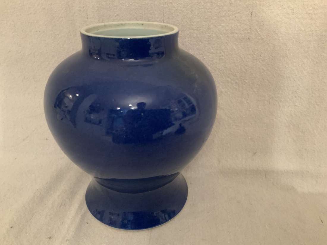 Chinese Blue Monochrome Porcelain Ginger Jar with Lid: Chinese Blue Monochrome Porcelain Ginger Jar with Lid. Lid has chips. Height is 10 inches and 6 and half inches in diameter.