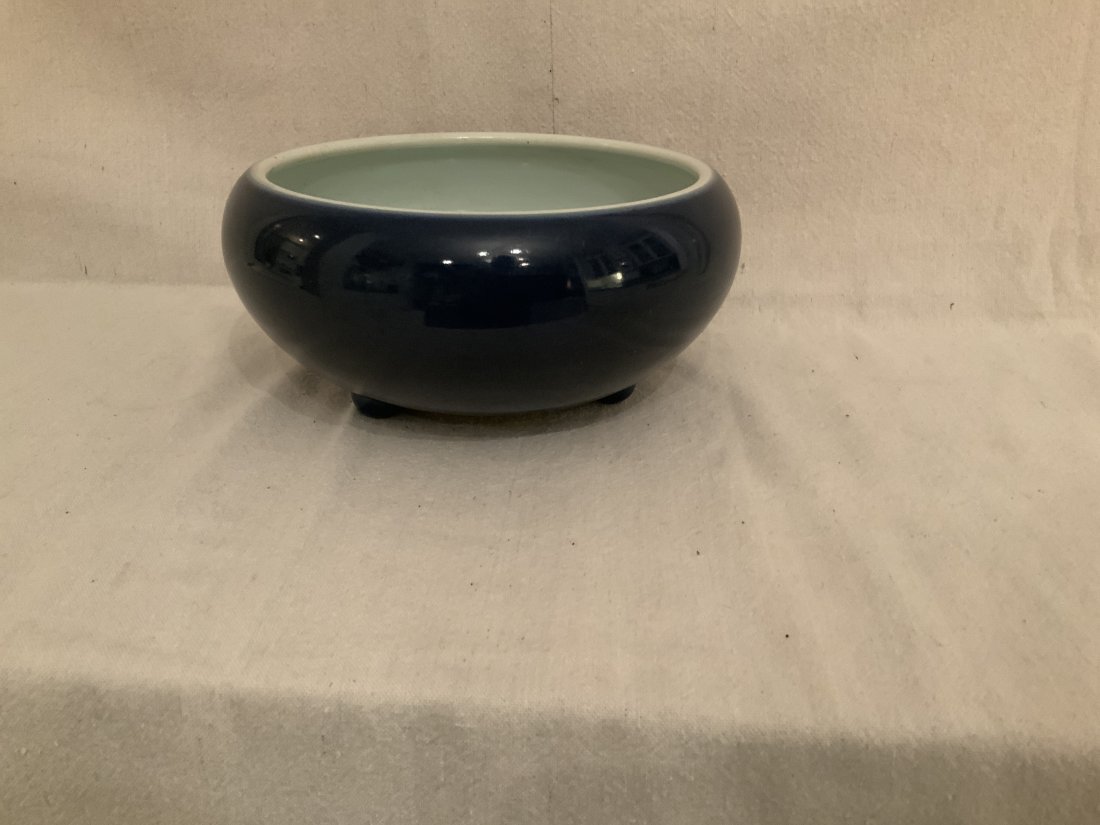 Chinese Blue Monochrome Porcelain Tripod Censer Bowl (1 of 4)