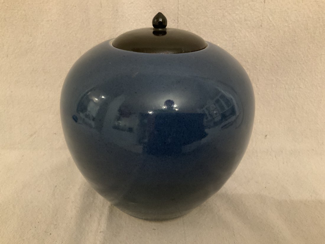 Chinese Monochrome Porcelain Ginger Jar: Chinese Monochrome Porcelain Ginger Jar with Wood Lid.Height 7.5 inches. Diameter 6.5 inches.