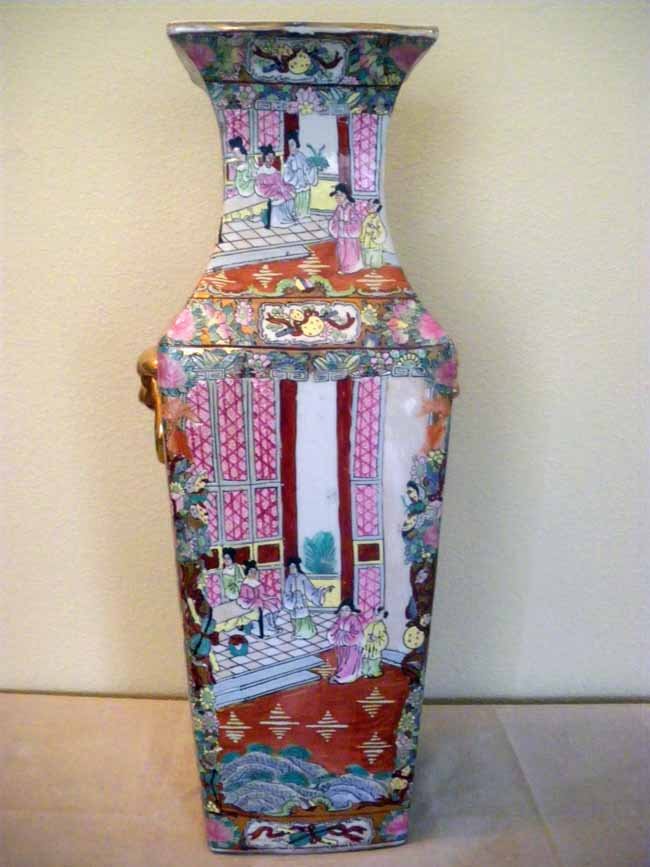 Antique Chinese Large Famille Rose Square Vase: A large Chinese Famille Rose well decorated & signed square vase, measuring 24 ½" high.