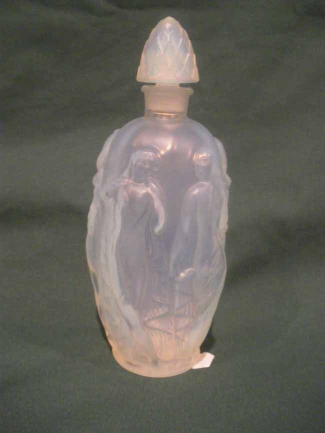 Sabino Crystal Paris Perfume Opalescent Female Fig: A beautiful Sabino Paris opalescent crystal perfume, with figural ladies in relief around.