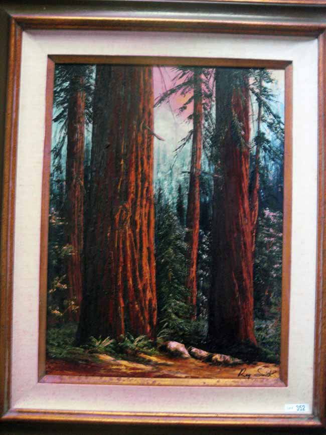 Ray Smith American 20th century Oil Painting Canva: Ray Smith, American 20th century oil on canvas, Redwood ladscape, framed, canvas measuring 24" x 18".