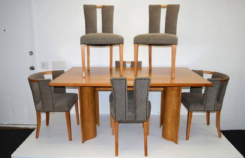 Eliel Saarinen Dining Set - Six Chairs: Side Chair 33 in H - 16 in D - 19 in W - Seat H 19 in - Arm Chair 30 in H - 16 iin D - 20 in W - Seat H 18 in - Table 30 in H - 65 in L - 40 in WFeaturing a representation from: George Nakashima,