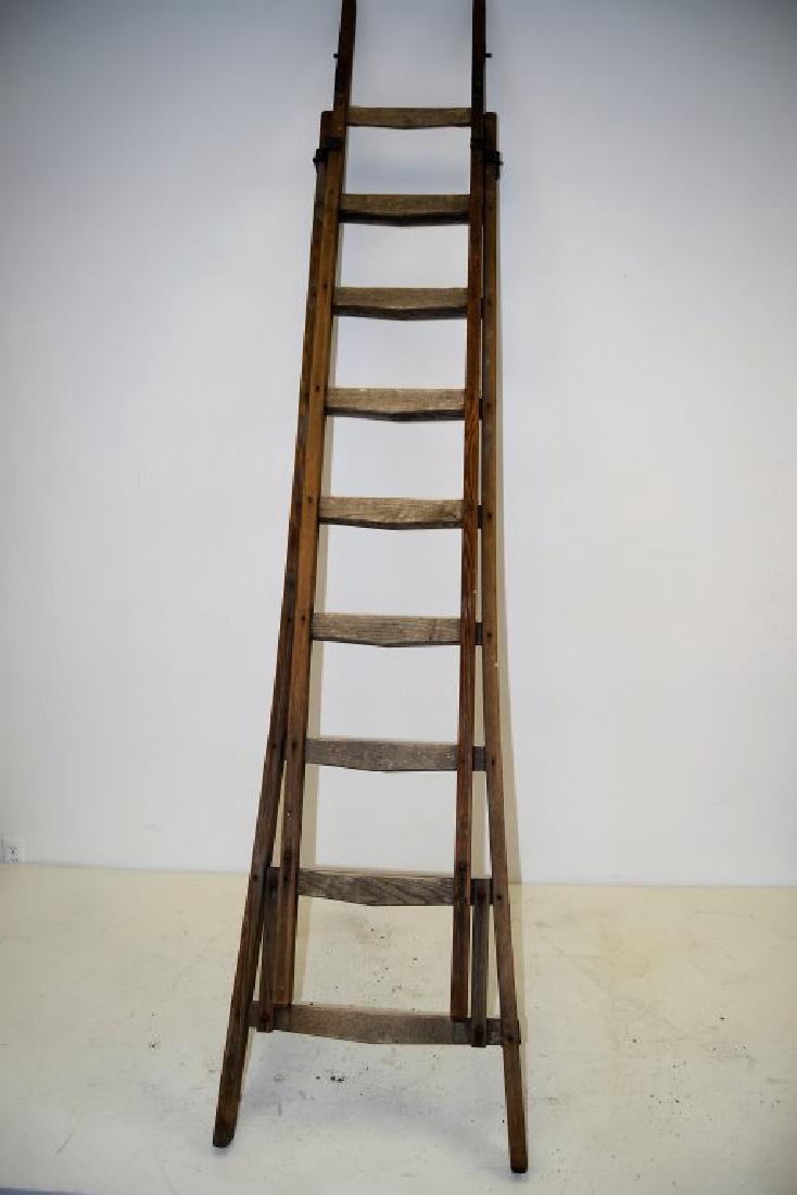 Primitive Wood Ladder: 102 in H (folded) 21.5 in W - One Extension 92 in - 2nd Extension 89 in