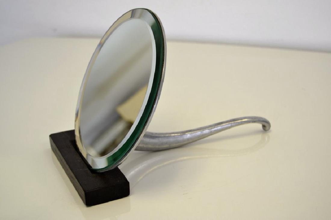 Patrick Naggar Table Mirror Signed: Mirror 8 in Round - Stand 2 X 6.5 - Mirror and Stand front to Back 12 in - 7.5 in H on Stand