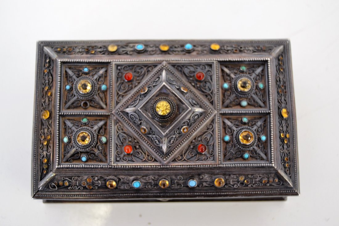 Ornate Jeweled Sterling Casket: 4.75 in L - 3 in W - 2 in H at Center