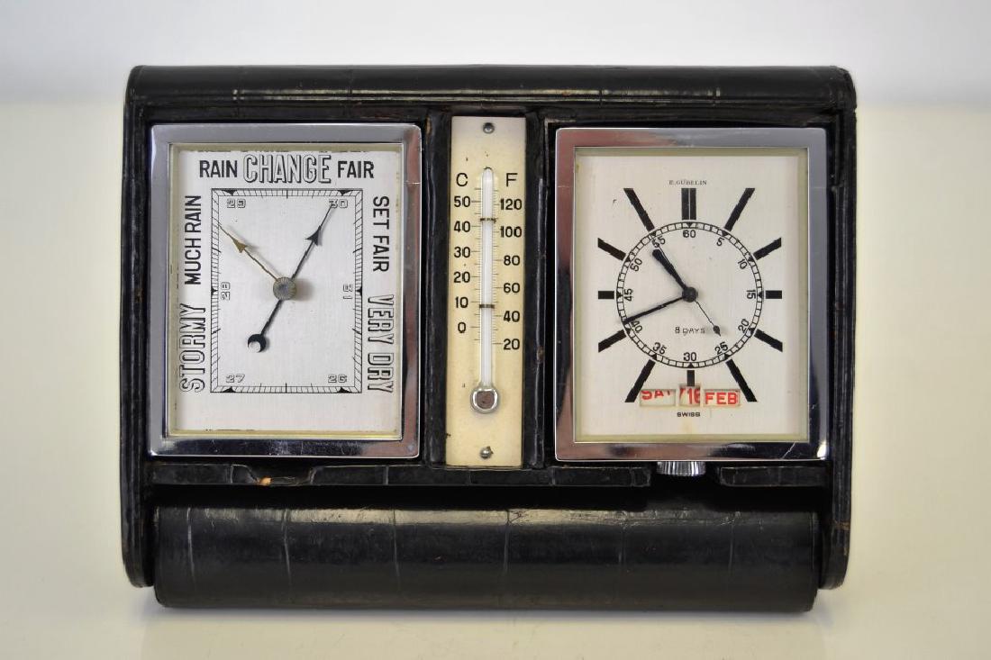 Gubelin Rare Black Crocodile Clock & Barometer: 6 in L - 4.5 in W - 5 in H Opened - Faces 3 in Square