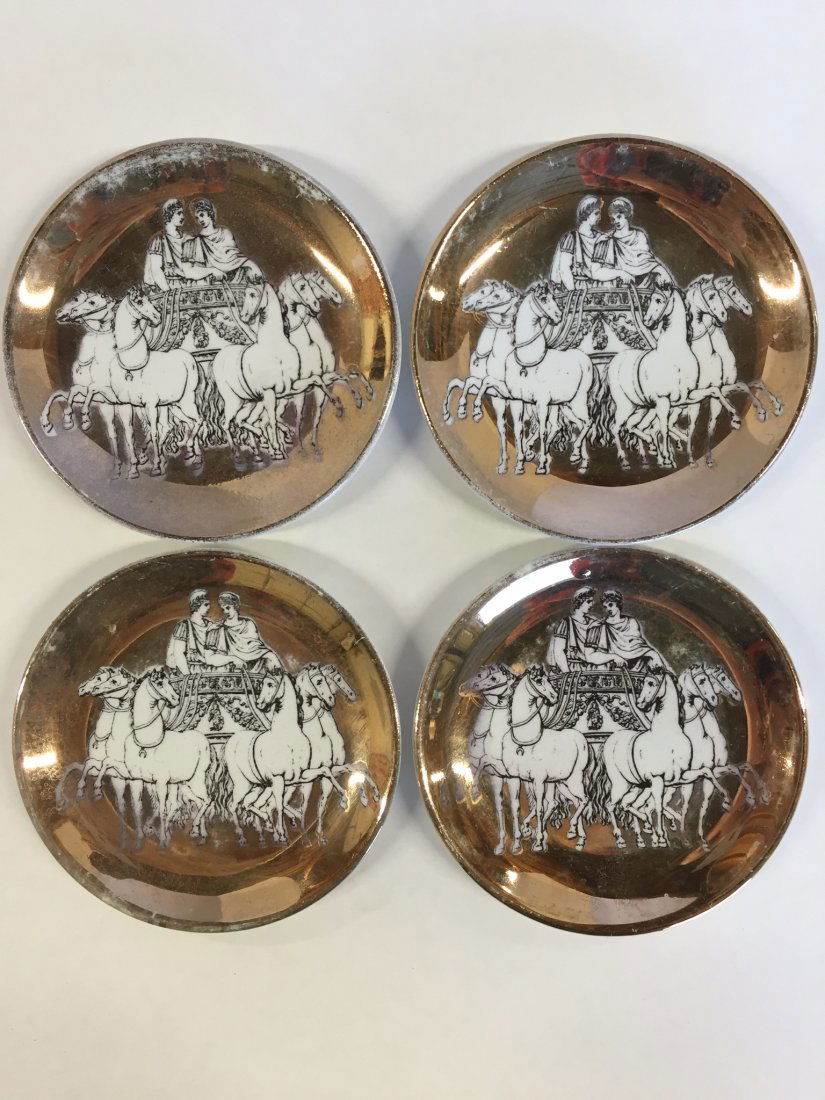 Fornasetti Set of 4 Small Plates w/ Classical Scene: Fornasetti Set of 4 Small Plates w/ Classical Scene. Signed.