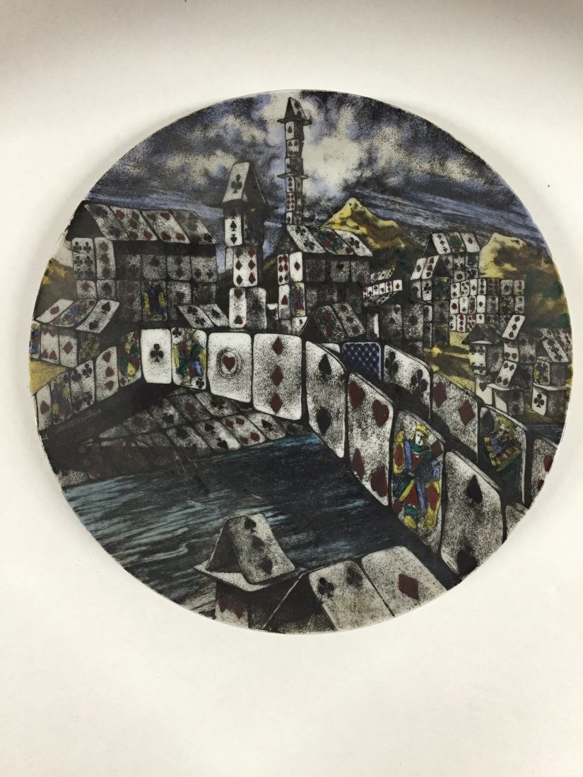 Fornasetti "House of Cards" Plate: Signed. Early example.