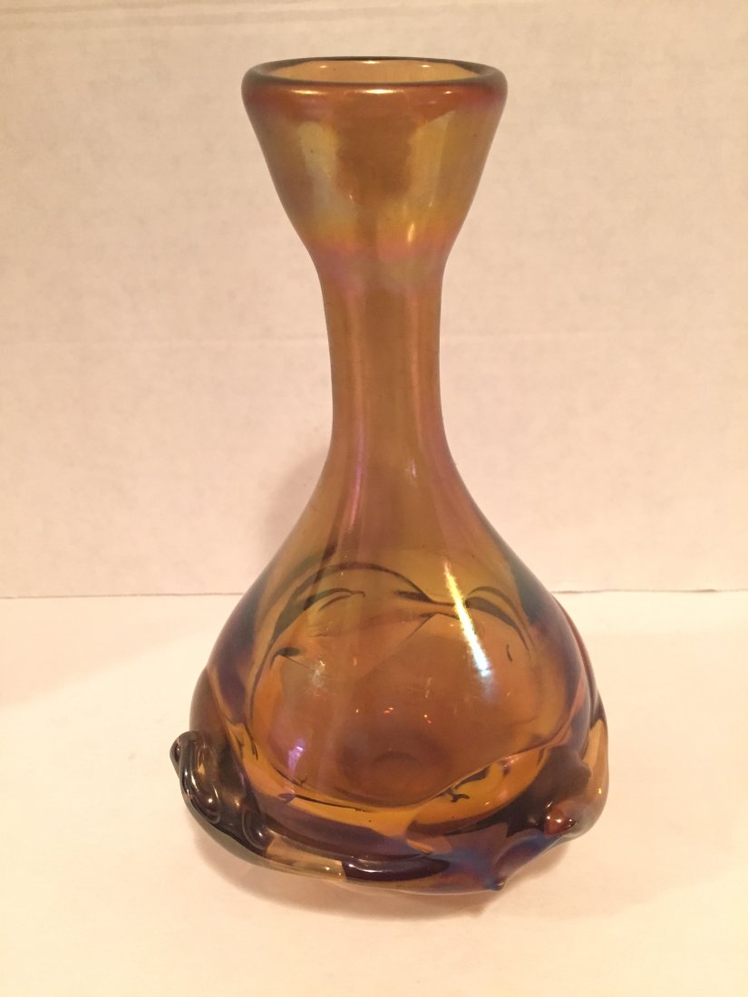 Dominick Labino vase w/ applied lobes: Signed.