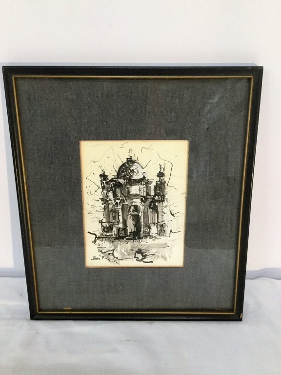 Gouache Baik of Cathedral 11" X 13: 11" X 13" (Keywords Search): Eames, Noguchi, Nakashima, Crespi, Maison Jansen, Karl Springer, Tommi Parzinger, Billy Haines, Dorothy Draper, Charles Hollis Jones, Hollywood Regency, Mid Century Modern