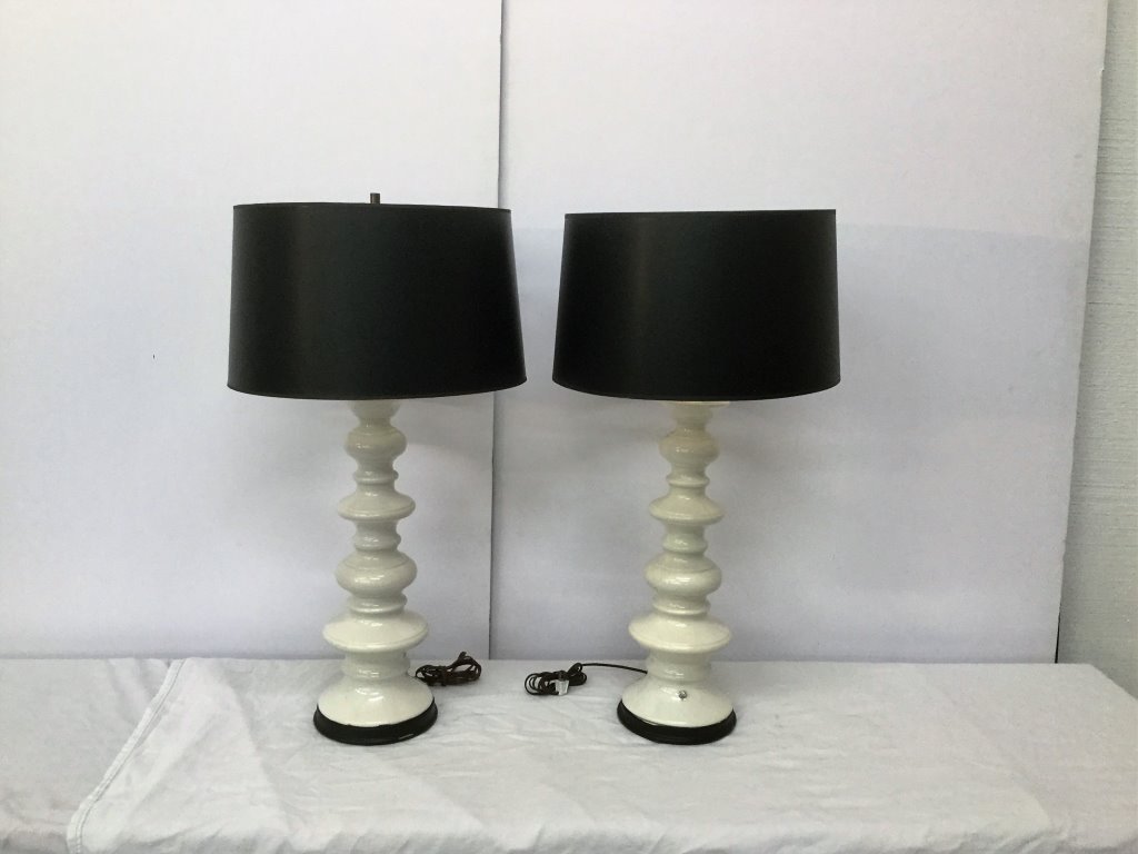 Pair White Ceramic Hollywood Regency Lamps Black Shades (1 of 5)