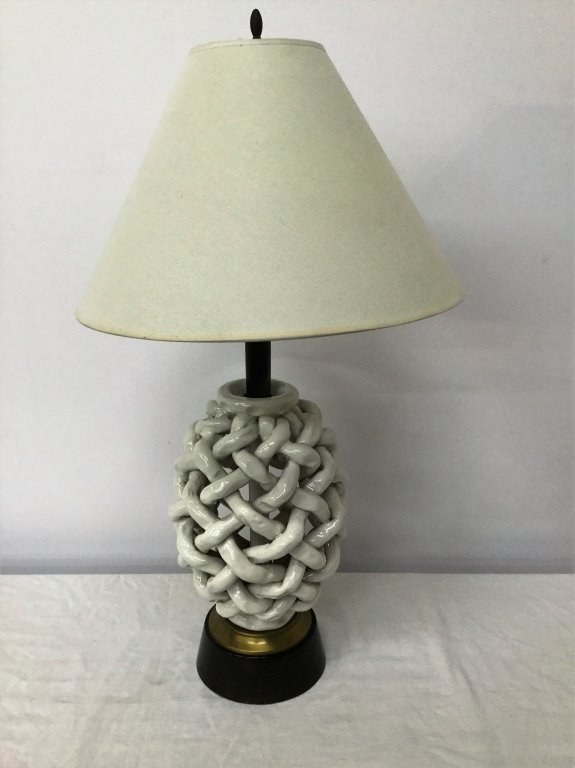 Italian Ceramic Lattice Work Lamp: 34" Height (Keywords Search): Eames, Noguchi, Nakashima, Crespi, Maison Jansen, Karl Springer, Tommi Parzinger, Billy Haines, Dorothy Draper, Charles Hollis Jones, Hollywood Regency, Mid Century Moder