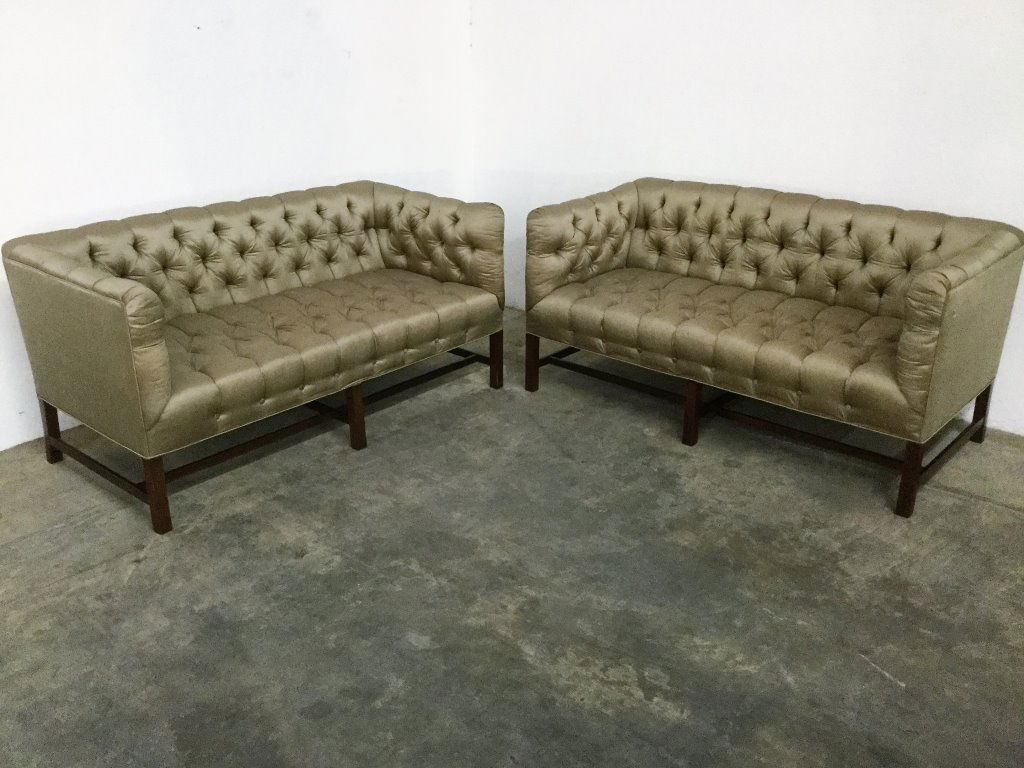 Tommi Parzinger Style Silk Tufted Settees by Charak: 30H 60W Seat H17 (Keywords Search): Eames, Noguchi, Nakashima, Crespi, Maison Jansen, Karl Springer, Tommi Parzinger, Billy Haines, Dorothy Draper, Charles Hollis Jones, Hollywood Regency, Mid Century
