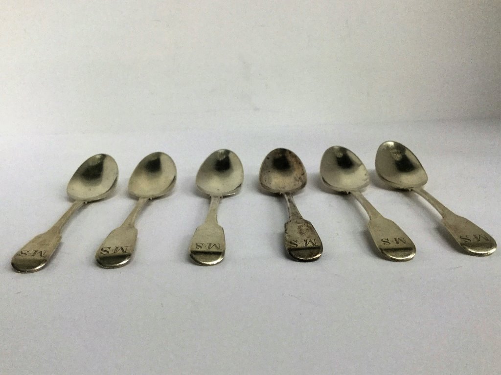 Sterling Set of Six English Teaspoons: (Keywords Search): Eames, Noguchi, Nakashima, Crespi, Maison Jansen, Karl Springer, Tommi Parzinger, Billy Haines, Dorothy Draper, Charles Hollis Jones, Hollywood Regency, Mid Century Modern,