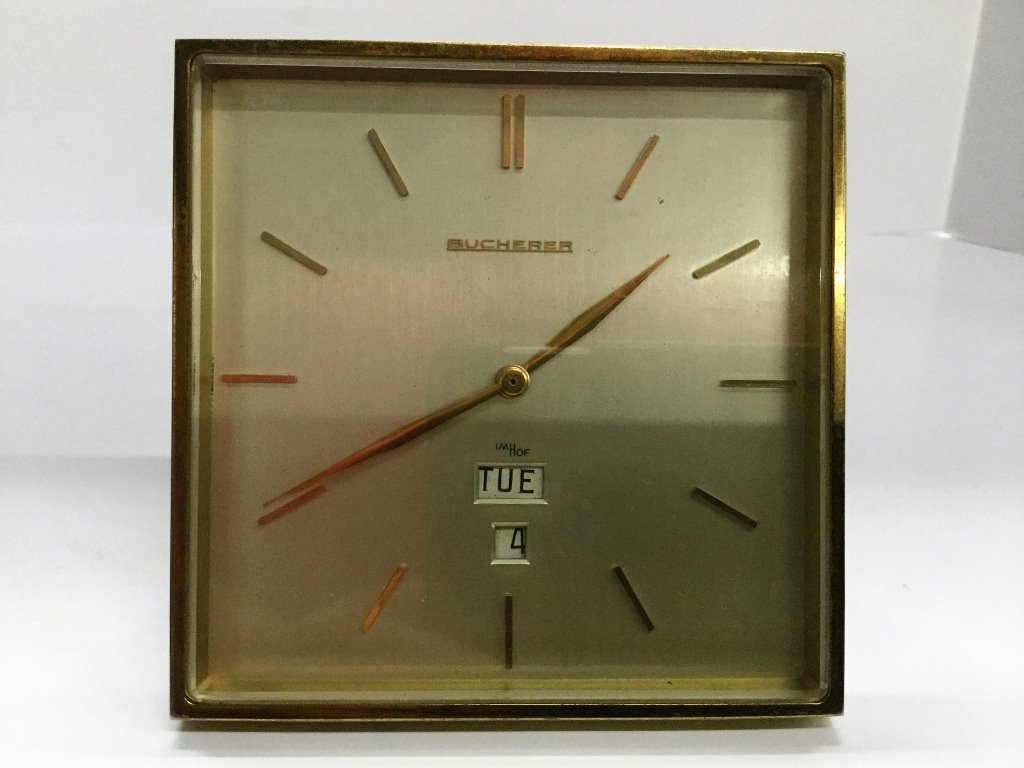 Bucherer Table Clock: (Keywords Search): Eames, Noguchi, Nakashima, Crespi, Maison Jansen, Karl Springer, Tommi Parzinger, Billy Haines, Dorothy Draper, Charles Hollis Jones, Hollywood Regency, Mid Century Modern,