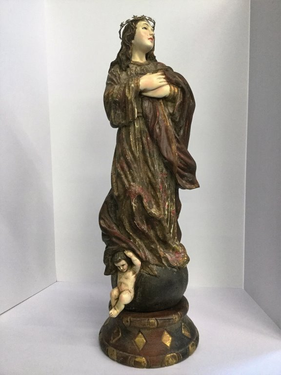 Santos Figure of Mary with Glass Eyes: (Keywords Search): Eames, Noguchi, Nakashima, Crespi, Maison Jansen, Karl Springer, Tommi Parzinger, Billy Haines, Dorothy Draper, Charles Hollis Jones, Hollywood Regency, Mid Century Modern,