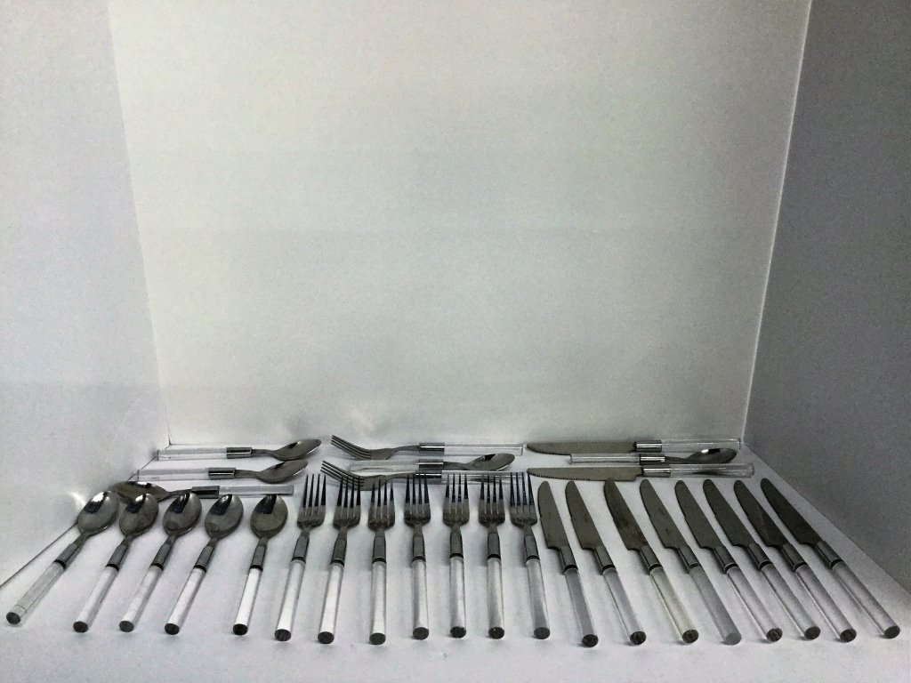 Lucite Handle Chrome Flatware: (Keywords Search): Eames, Noguchi, Nakashima, Crespi, Maison Jansen, Karl Springer, Tommi Parzinger, Billy Haines, Dorothy Draper, Charles Hollis Jones, Hollywood Regency, Mid Century Modern,