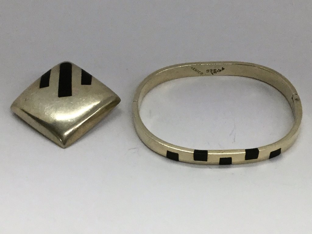 Mexican Sterling Silver Black Onyx Bracelet: and Broach (Keywords Search): Hermes, Gucci, Vuitton, Goyard
