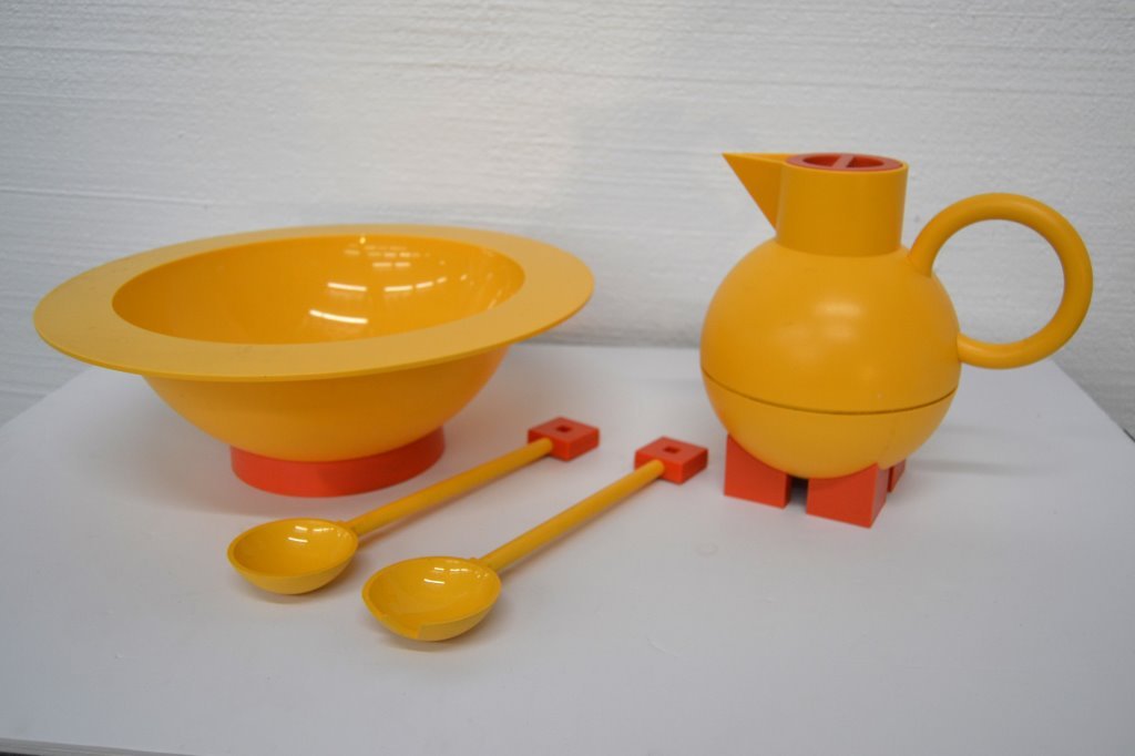 Memphis Like Pitcher and Bowl: (Keywords: Nakashima, Saarinen, Knoll, Eames, Art Deco, Frankl, Bertoia, Paul McCobb, Parzinger, Paul Evans, Hans Wegner, Charles Hollis Jones)