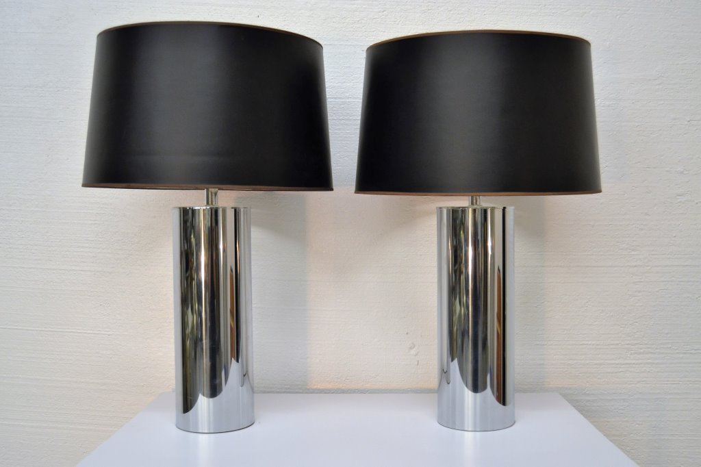 Chrome Cylinder Table Lamps w/Black Shades (1 of 2)
