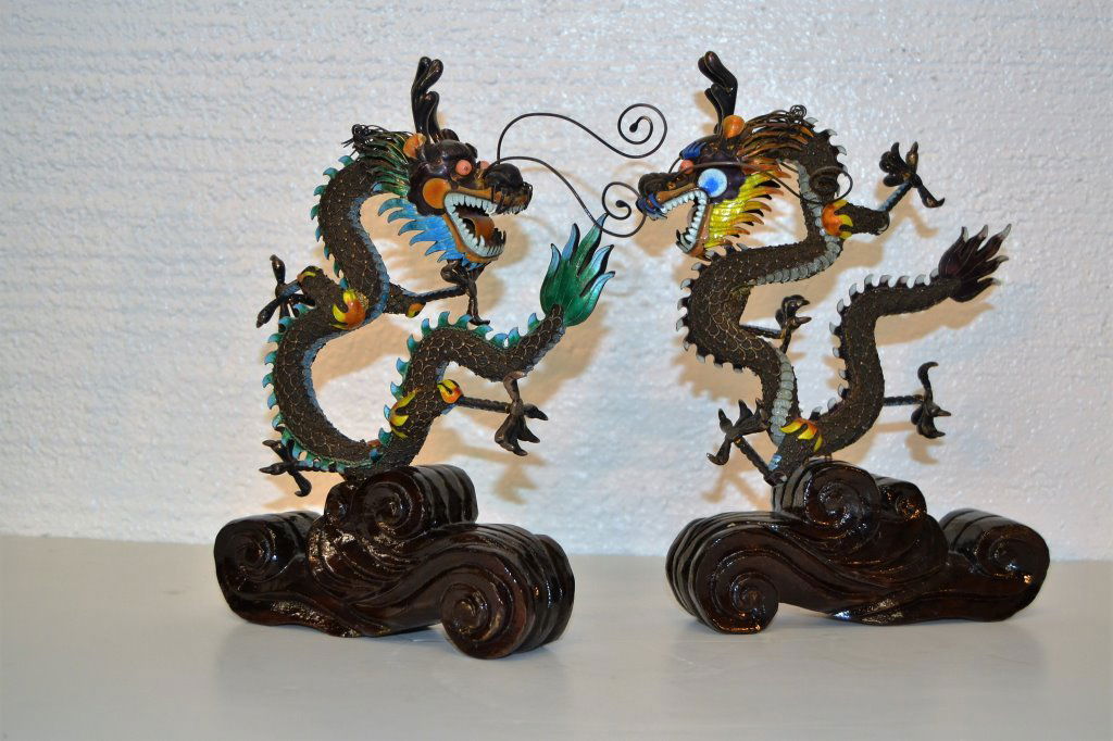 Silver & Enamel Chinese Dragons: Approx 9.5" Height(Keywords: Nakashima, Saarinen, Knoll, Eames, Art Deco, Frankl, Bertoia, Paul McCobb, Parzinger, Paul Evans, Hans Wegner, Charles Hollis Jones)