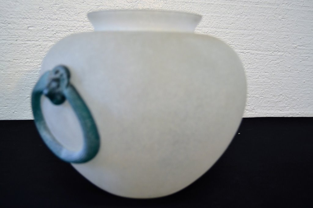 Karl Springer Frosted Glass Vessel: with Applied Handles Signed