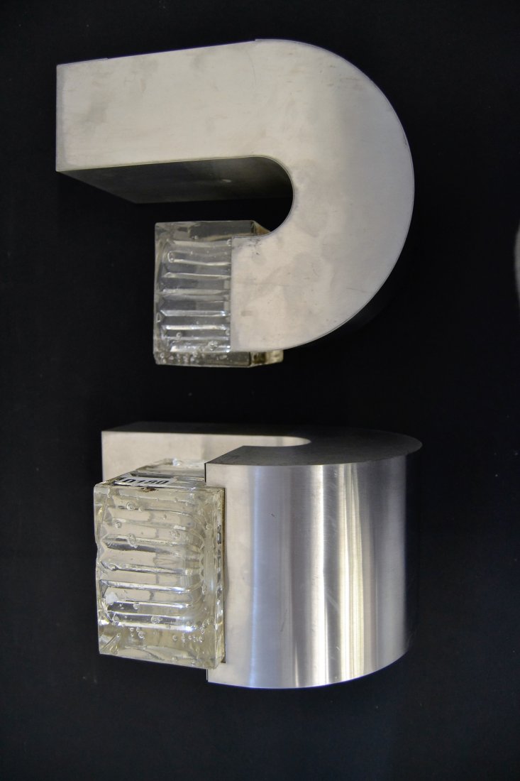French Stainless and Glass Wall Sconces: 11.5" Length 10" Width