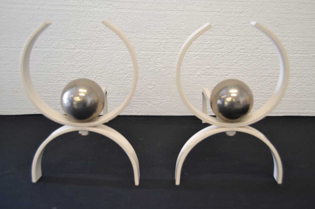 French Art Deco White Andirons with Chrome Ball Accents: 11.5" Height 16.75" Depth 7.5" Width