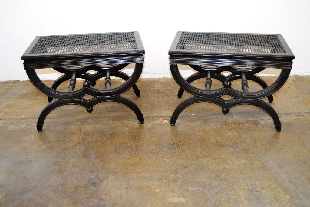 Maison Jansen Black Stools with Caned Top-Signed: 17" Height 25" Width 16" Depth