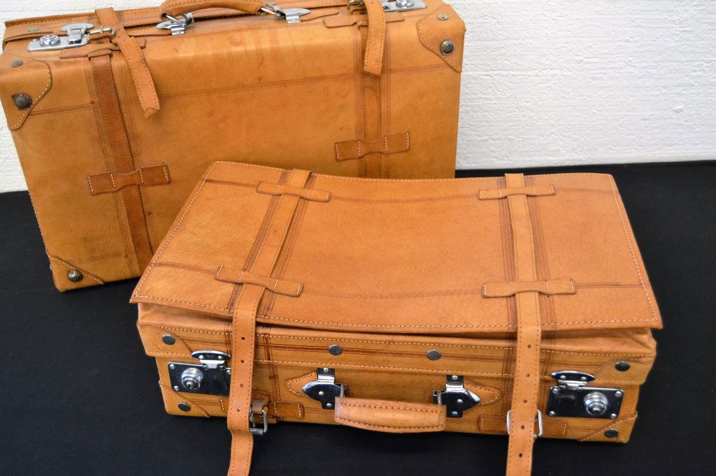 Pair Leather Suitcases with Chrome Accents (1 of 4)