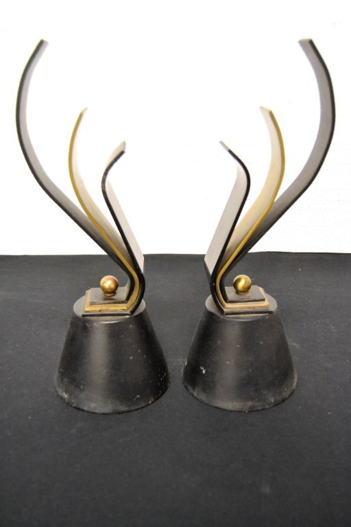 Mid Century Brass and Steel Andirons: 5 X 6 16 H