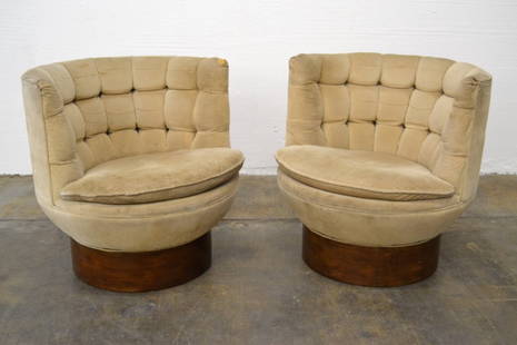 Milo Baughman Swivel Club Chairs Pair: 6" Wood Base 28.5 H 28.5 W 28.5 D Seat Height 16.5Including: Nakashima, Saarinen, Knoll, Eames, Art Deco, Frankl, Bertoia, Paul McCobb, Tommi Parzinger, Paul Evans, Hans Wegner, Charles Hollis Jones,