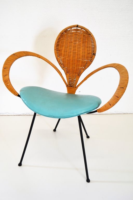 Mid Century Iron and Rattan Ribbon Chair: 32 in H 20 in D 27 in W Seat H 17.5 inThis months sale includes:Knoll, Paul Frankl, Bill Curry, Laurel, Vico Magistretti, Max Sauze, Paul McCobb, Karl Springer, Mid Century, Hollywood Regency