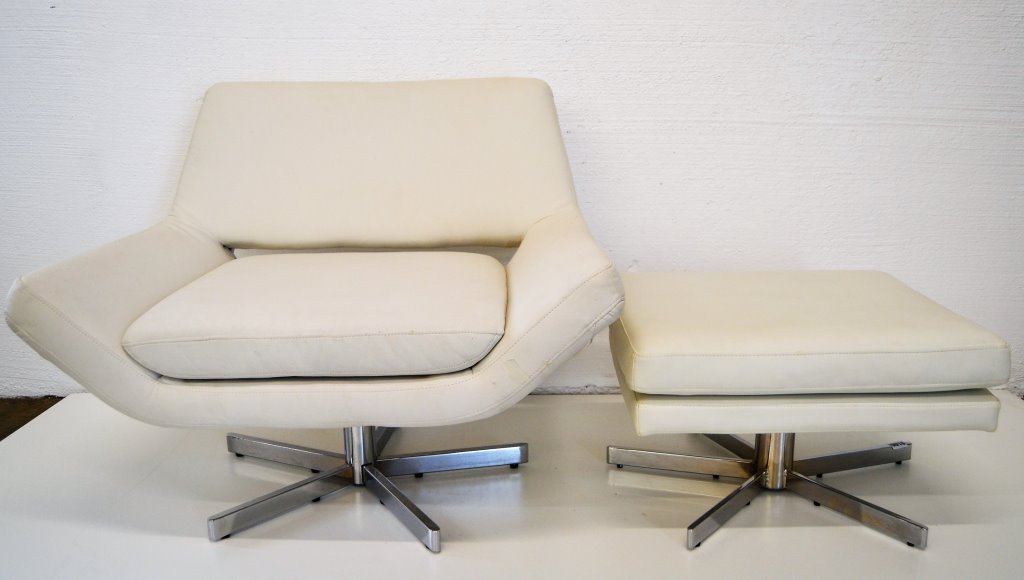 Modernist White Swivel Chair and Ottoman: Chair 30.5 in H 28 in D 36 in W Seat H 16.5 in Ottoman 14.5 in H 22 in X 24 inThis months sale includes:Knoll, Paul Frankl, Bill Curry, Laurel, Vico Magistretti, Max Sauze, Paul McCobb, Karl Springer,