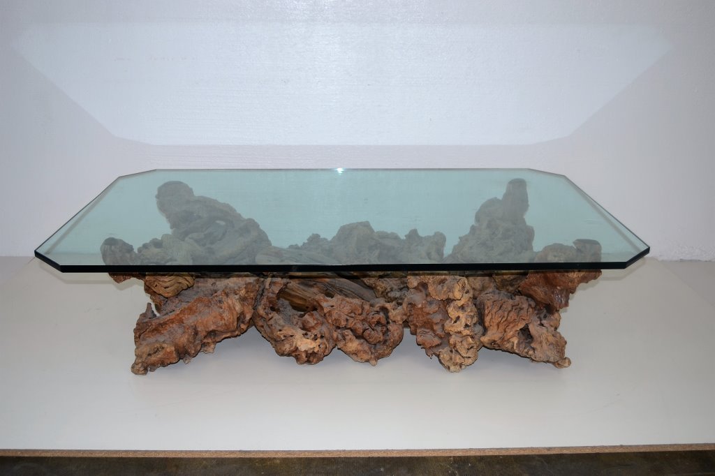 Organic Wood Coffee Table w/Glass Top: 15.5 in H 36 in X 60 in